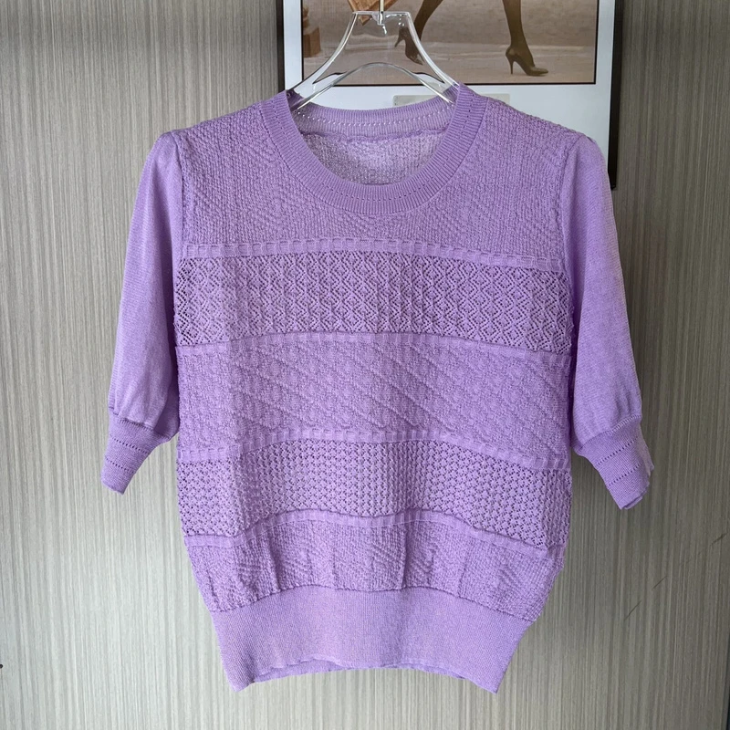 9003撤柜ATU新款短袖纯色百搭镂空上衣薄款圆领宽松针织衫