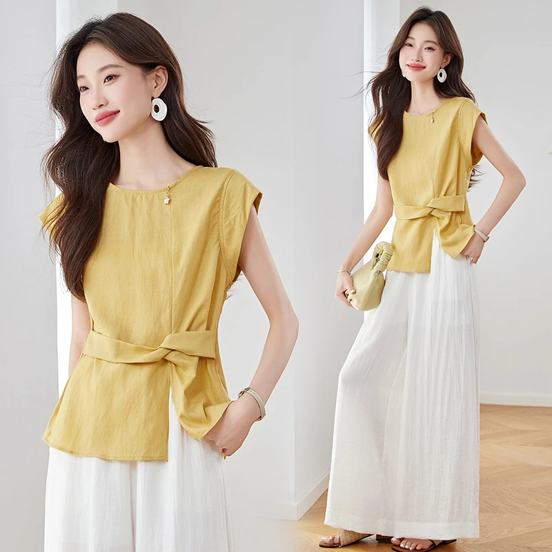 法式无袖休闲套装女2025夏季新款松驰感气质通勤显瘦阔腿裤两件套