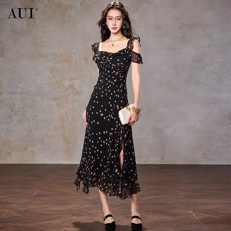 【AUI】AUI黑色荷叶边雪纺波点连衣裙显瘦气质开叉裙LD-25X019456