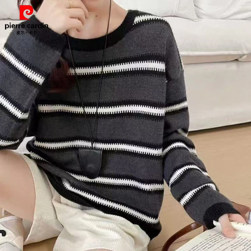 皮尔卡丹韩系条纹长袖套头毛衣女秋冬慵懒风复古减龄设计感撞色针
