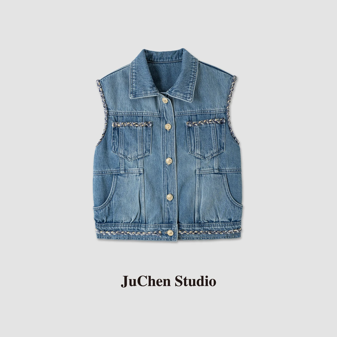 手工坊粗花呢蓝白编织小香风水洗丹宁牛仔马甲 SS106001-54