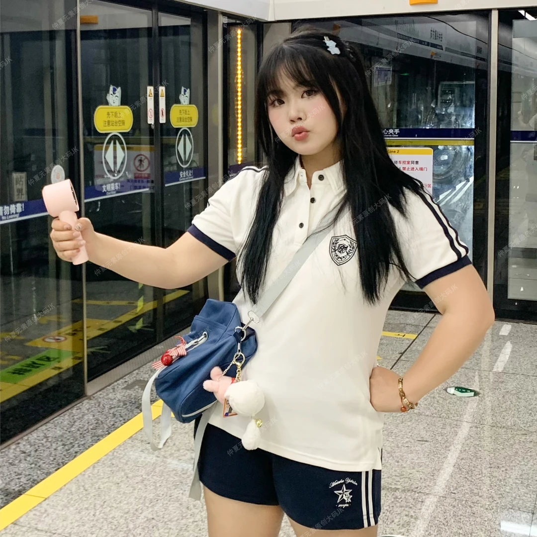 仲夏元素原创jk制服日系学院风校供感短袖polo衫短裤大码胖mm套装