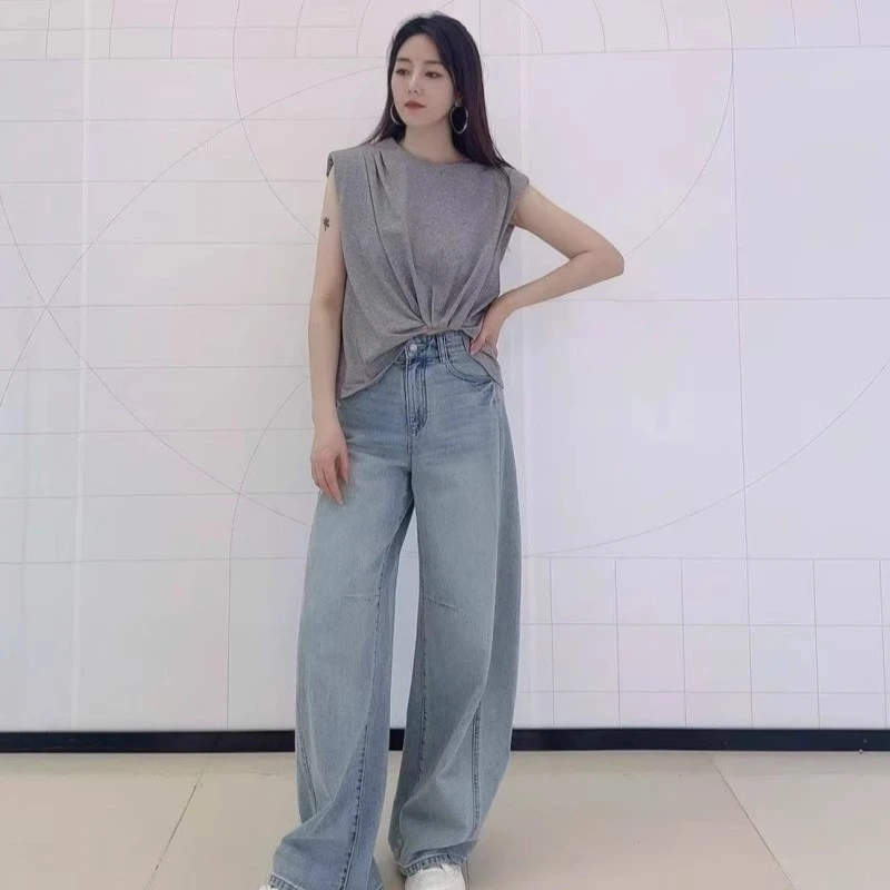 艾家同款夏装高级感时尚简约气质显瘦圆领无袖女士T恤上衣26009