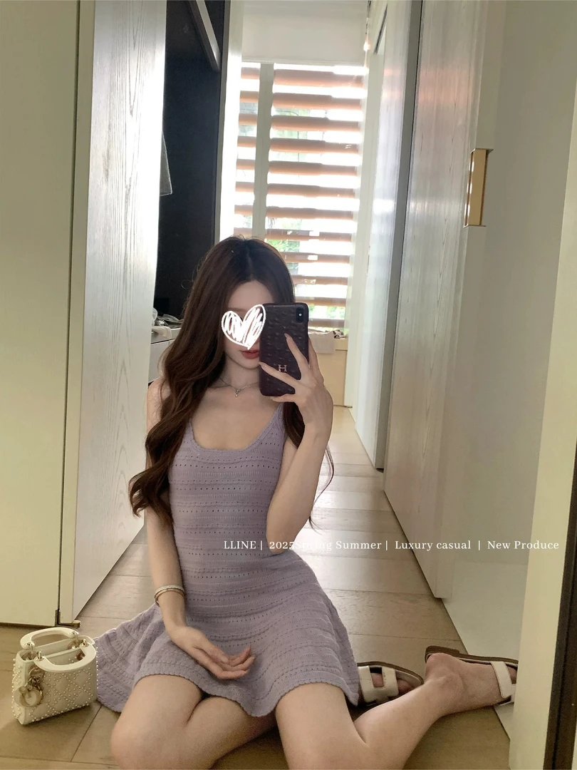 冷美人 氛围感钓系薰衣草紫连衣裙女显白收腰短裙