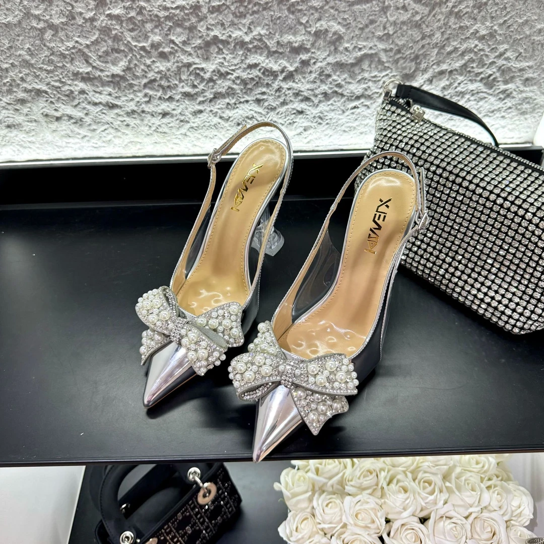 【真诚缘】蝴蝶结珍珠水钻高跟鞋2025新款尖头气质银色水钻单鞋时尚