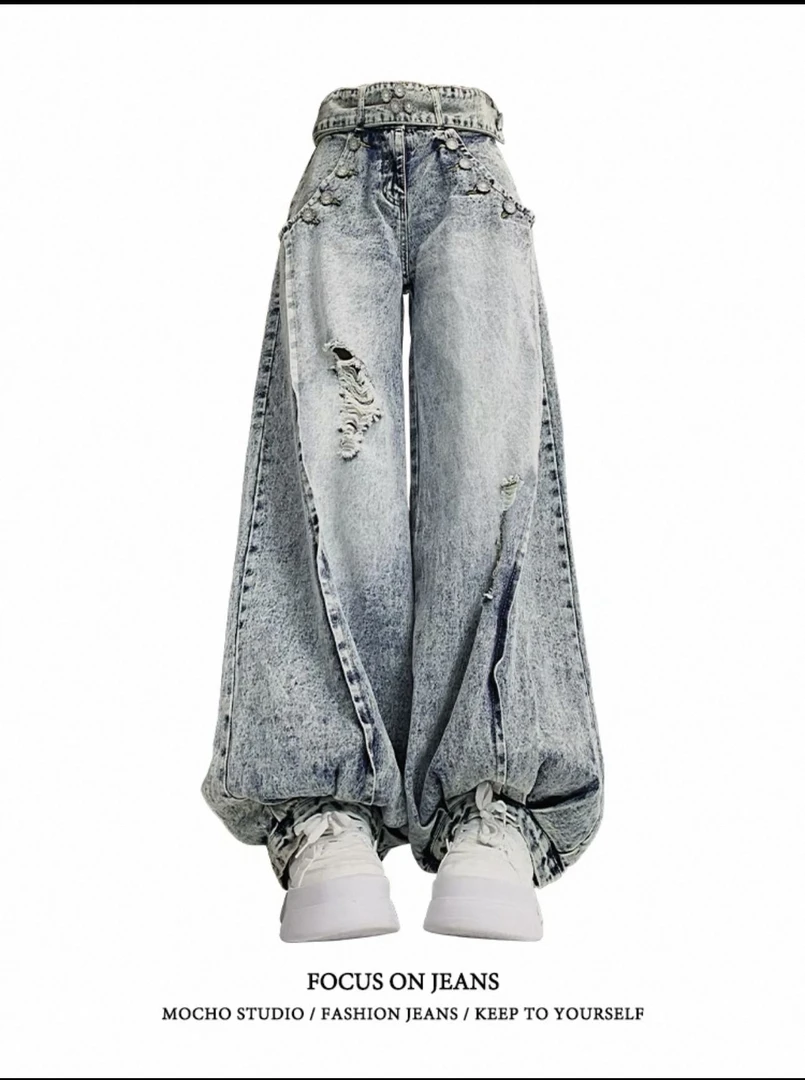 美式复古破洞灯笼裤