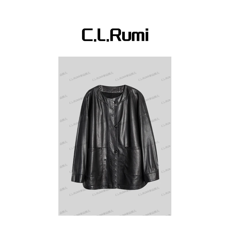 【Rumi时装】“黑曜石”25新鹿纹小羊皮圆领盘扣真皮皮衣外套7047wt