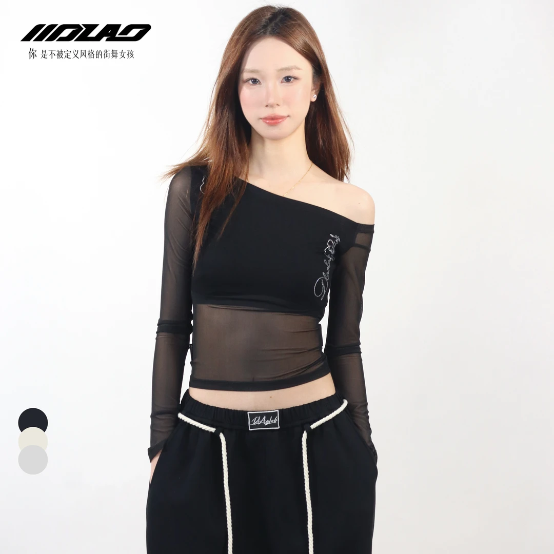 大佬妙原创网纱拼接斜肩上衣概念设计jazz显瘦夏季舞蹈T恤5020