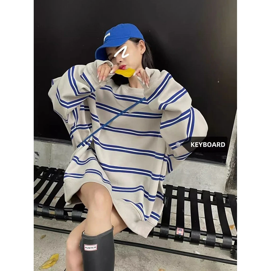 韩版宽松条纹加绒卫衣女2025秋季新款大码微胖mm显瘦遮肉套头上衣