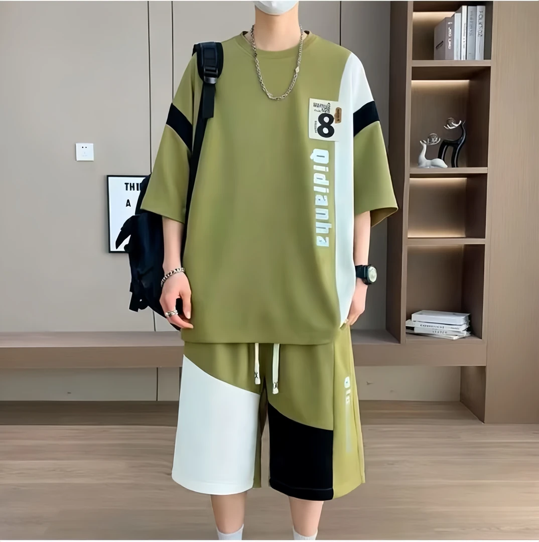 青少年休闲运动套装男装夏季新款时尚撞色宽松短袖T恤短裤两件套