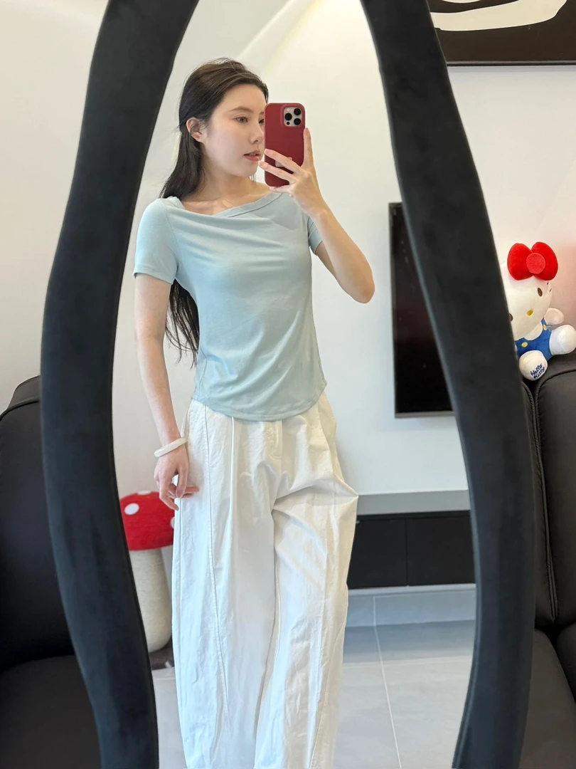 LU家hold tight船型领短袖女士T恤莫代尔一字领短袖女士上衣短袖