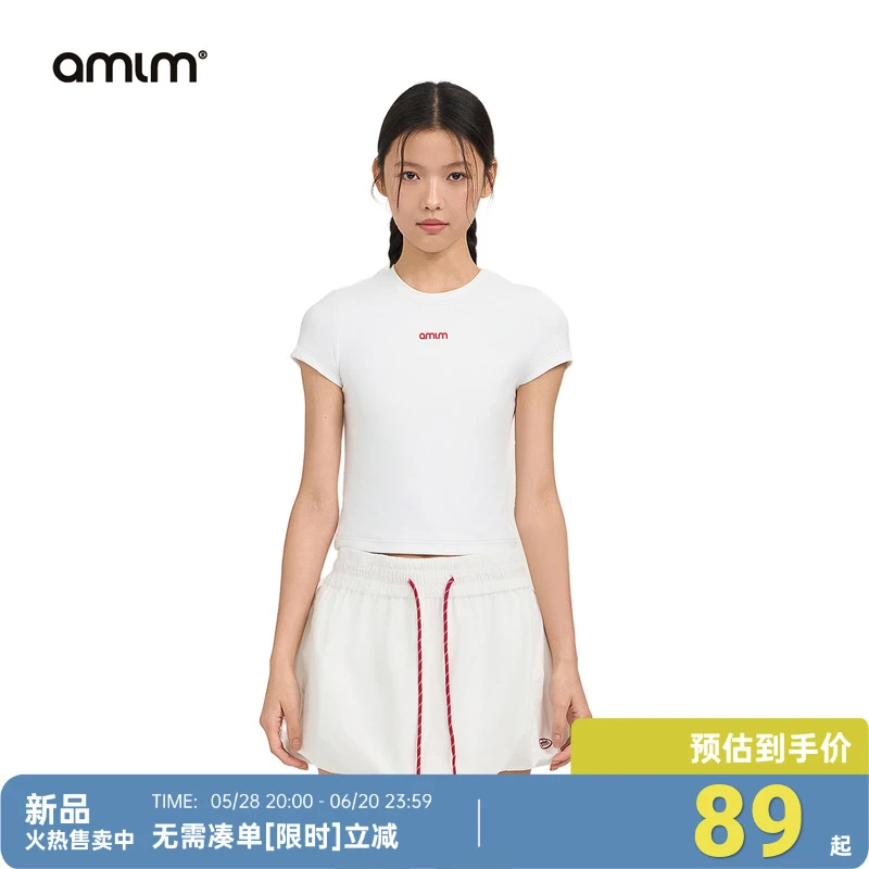 AMLM 夏季新品logo正肩短款上衣女生简约百搭显瘦短袖休闲运动T恤