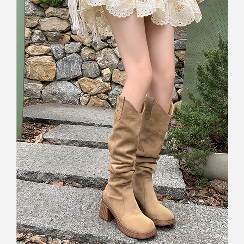 牛皮版~街头辣妹高跟磨砂绒面堆堆靴复古高筒西部靴女长靴秋冬