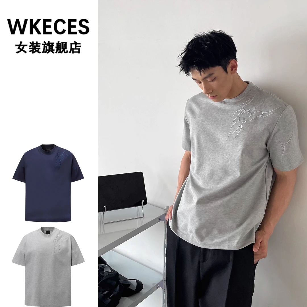 空气棉灰色短袖男款美式复古夏季肌理感硬挺宽松刺绣情侣T恤