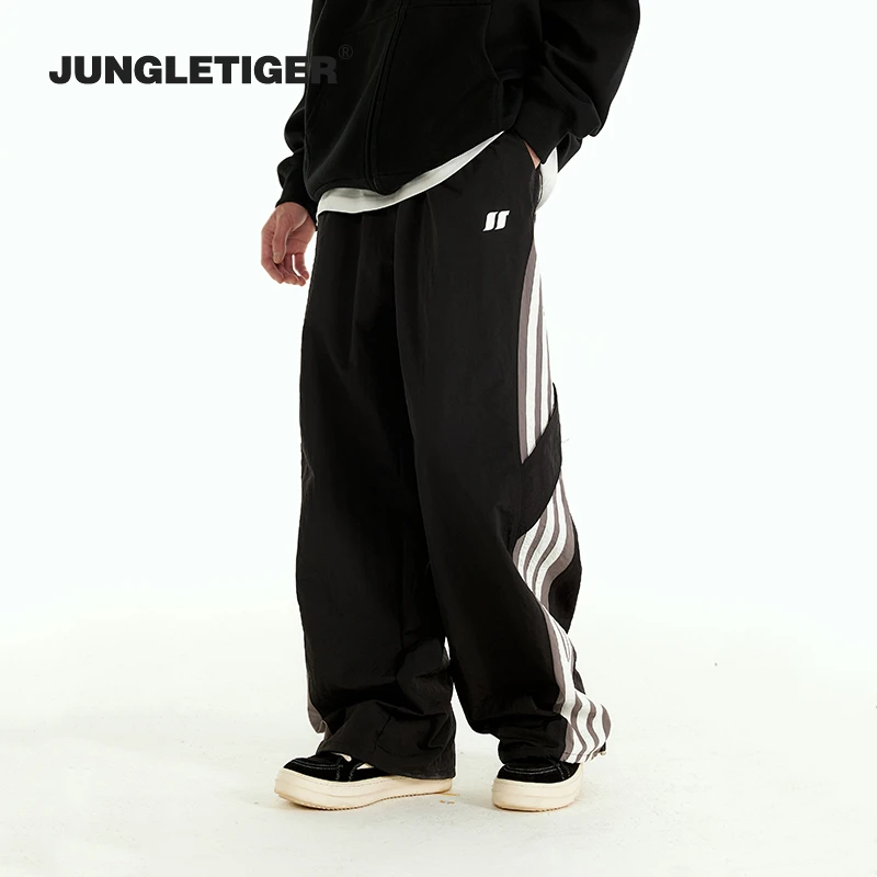 丛林老虎春秋季拼接织带伞兵裤男潮牌运动宽松直筒阔腿速干休闲裤