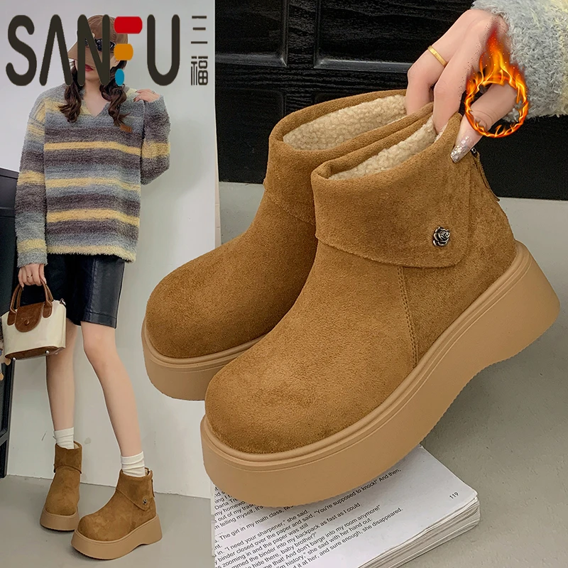 三福厚底加绒雪地靴女款2025冬季新款增高保暖棉鞋防滑东北棉靴子