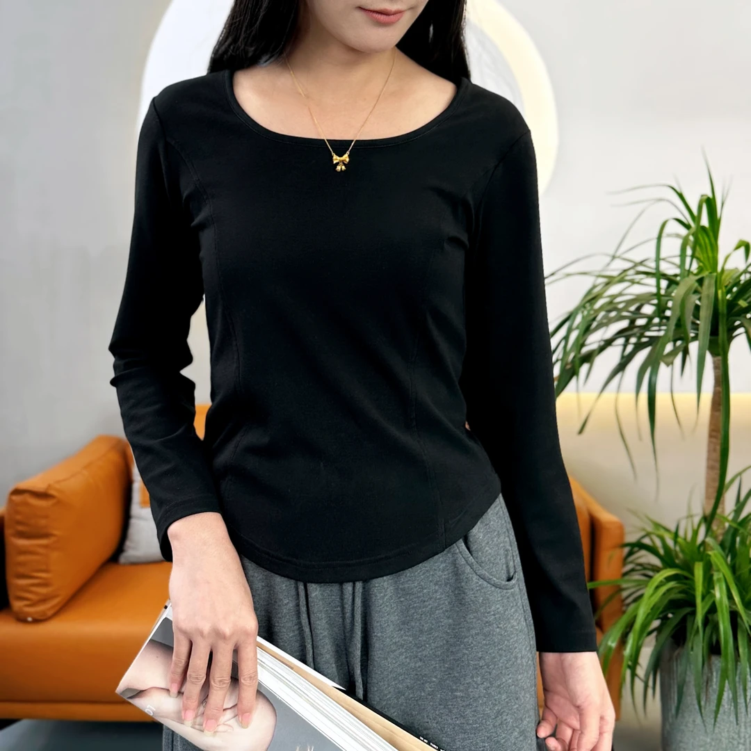 胡姐2025春秋季纯色时尚百搭显瘦圆领t恤针织网红打底修身休闲T恤