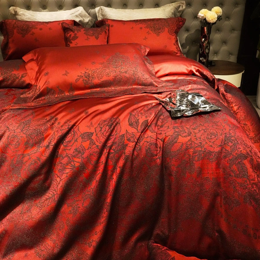 高端红色婚庆色织提花五件套意式床单床盖款床上用品大红喜被婚被