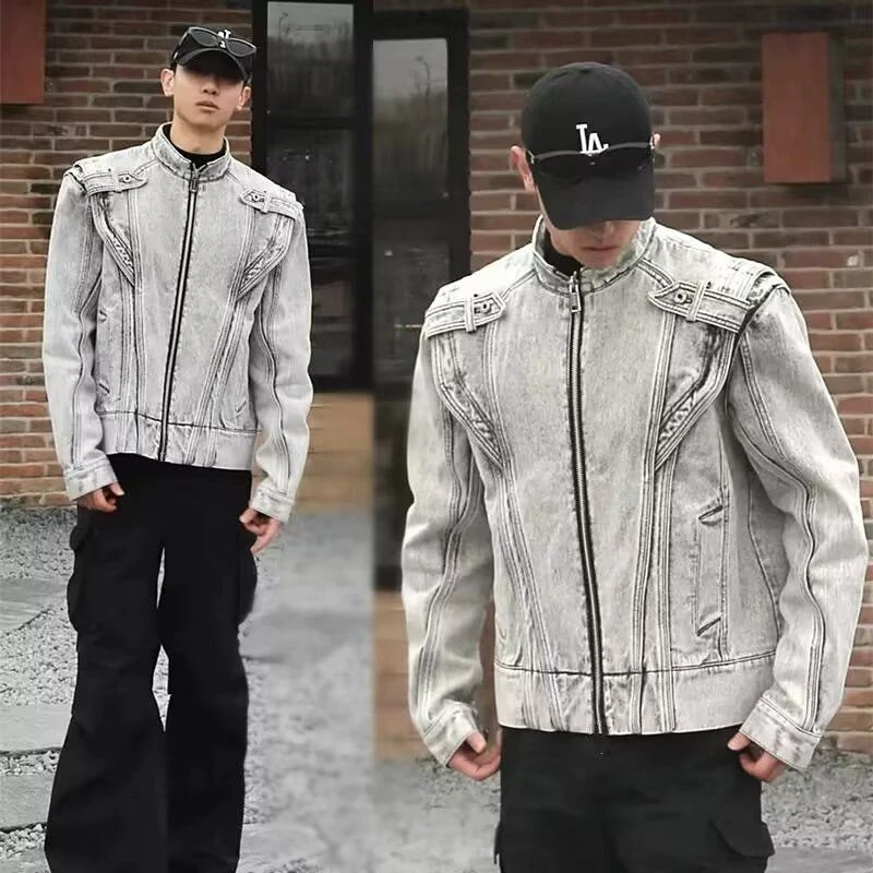 新款美式复古重工拼接短款牛仔外套潮牌欧美街头机车服夹克男潮流