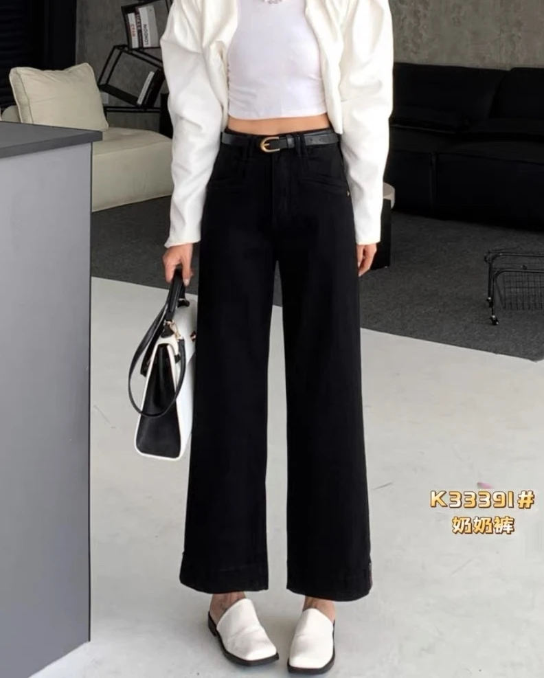 1301-黑色九分欧货牛仔裤女阔腿裤弹力高腰显瘦修身薄款时尚