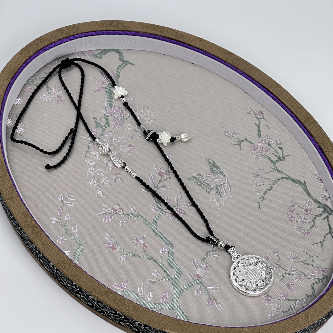 吊坠足银 9999银旋转八宝罗盘项链吊坠平安锁护身莲花缕空手编绳