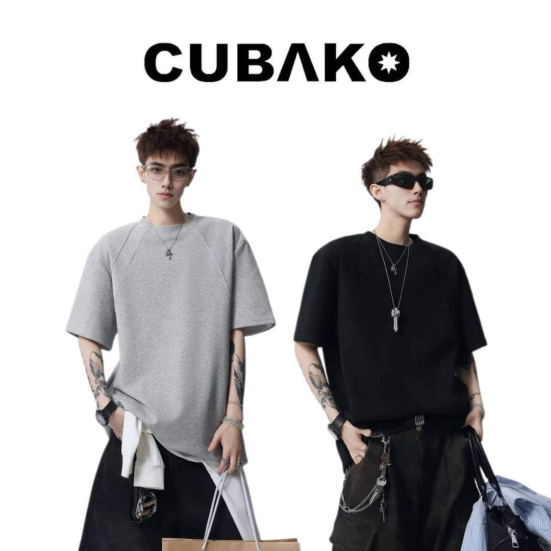 美式解构拼接纯色圆领T恤夏boxy抗皱硬挺百搭休闲液态肌理半袖衣