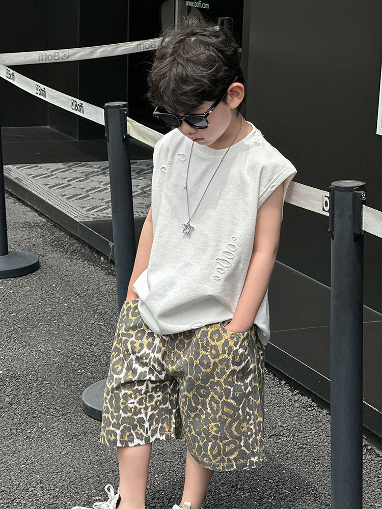 2025夏季新款时尚破洞无袖T恤上衣百搭休闲豹纹裤子洋气潮酷夏装