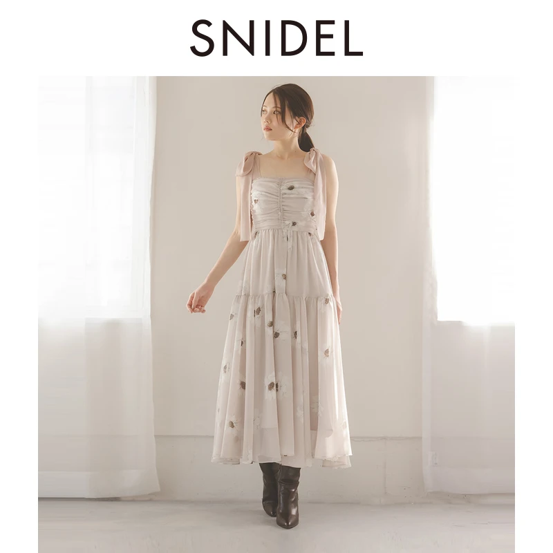 SNIDEL2025新款甜美蝴蝶结肩带印花吊带连衣裙SWFO254330