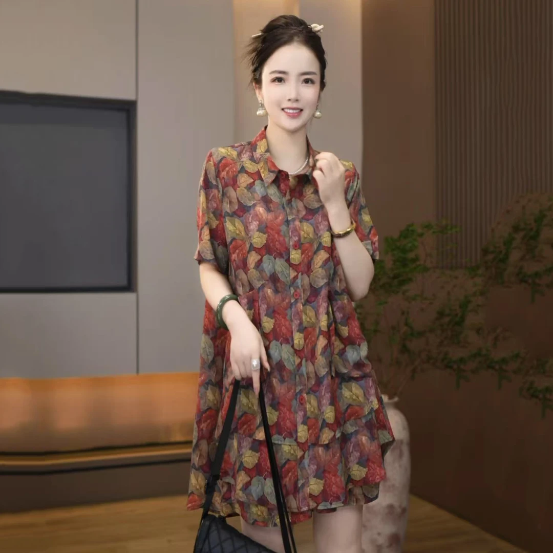 L-868-605红叶宽松休闲套装夏季新款POLO领衬衫百搭短款两件套