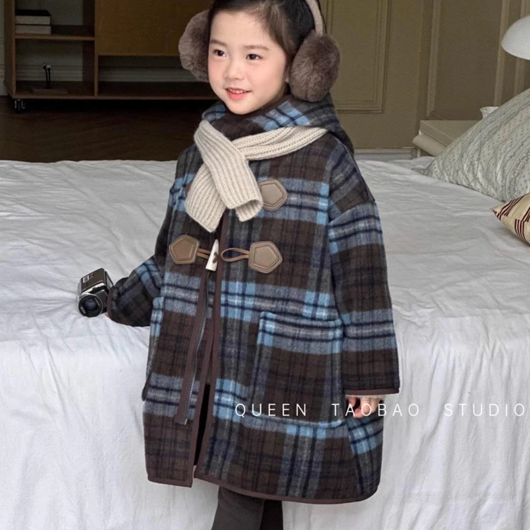 女童毛呢大衣新款秋冬韩版中大童洋气格子外套加厚男童大衣潮
