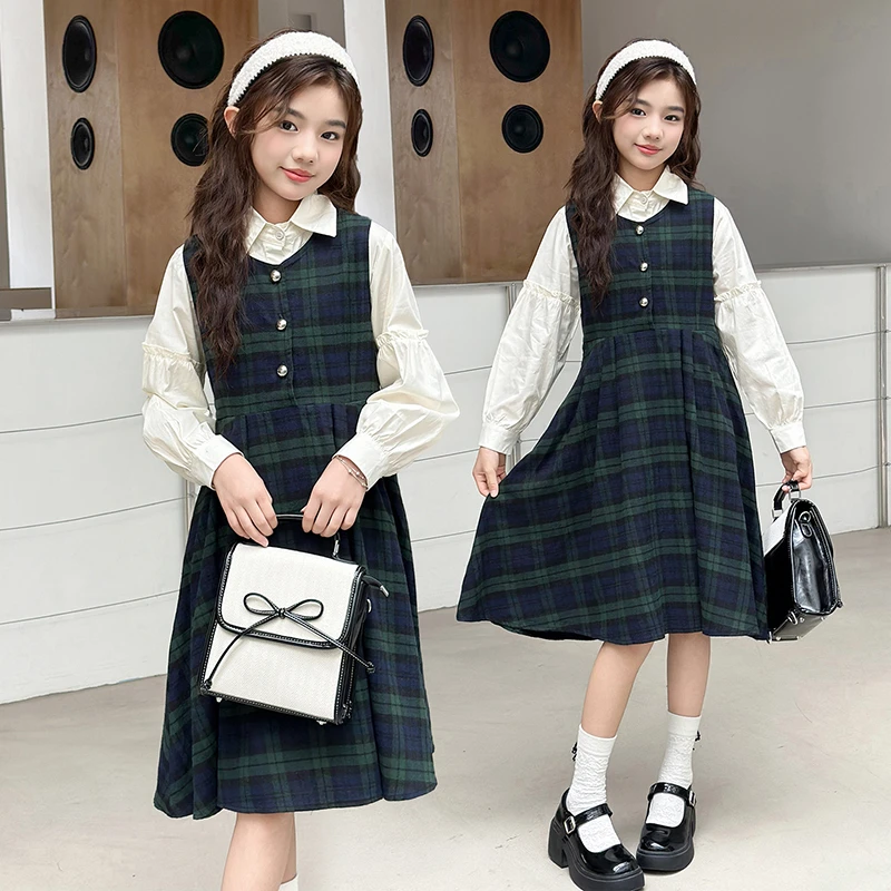 女童格子连衣裙2025新款大儿童秋装洋气秋季高级感裙子套装两件套