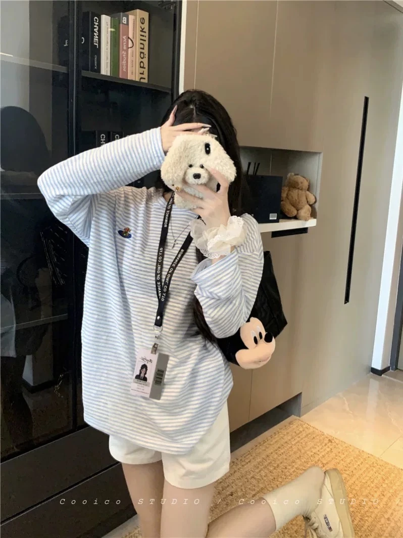 慵懒风薄款条纹防晒长袖T恤女秋夏新款宽松百搭休闲短裤套装