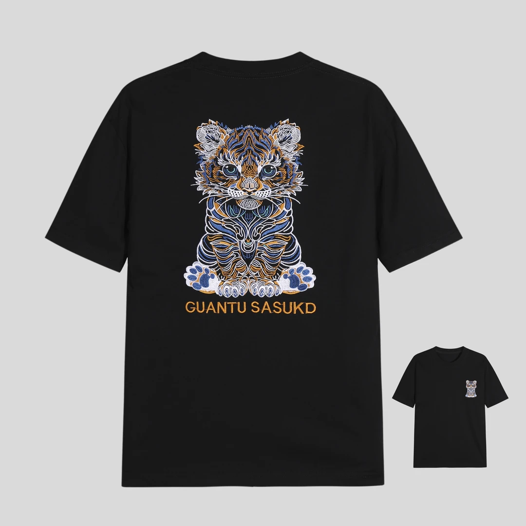 【花】国风经典轻奢百搭短袖小老虎刺绣T恤 y328