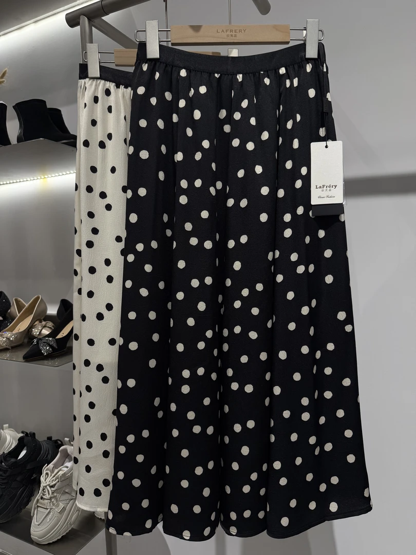 【方圆服饰】复古波点雪纺半身裙高腰显瘦大摆中长款夏季时尚百搭