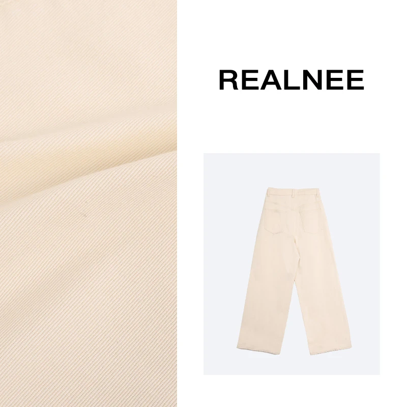 REALNEEI   简约中高腰99棉显瘦不挑人米白阔腿牛仔裤03852