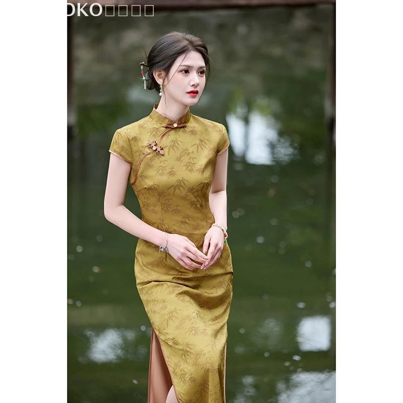 LACAH鹅黄色高端气质旗袍女新中式夏季日常穿提花送考连衣裙2025