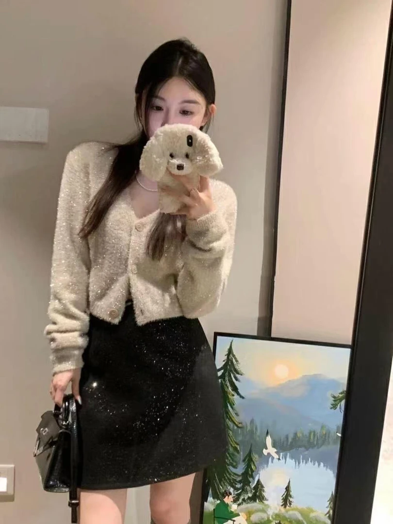 高端欧货2024秋冬新款小香风气质高腰亮片半身裙女包臀裙a字短裙