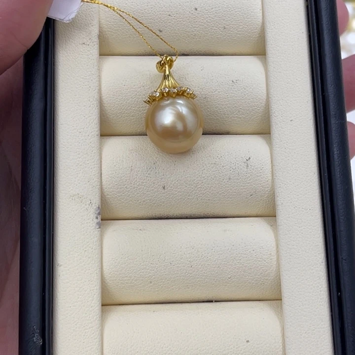 海水珍珠颈饰银S925镶嵌南洋金珠吊坠13-14mm