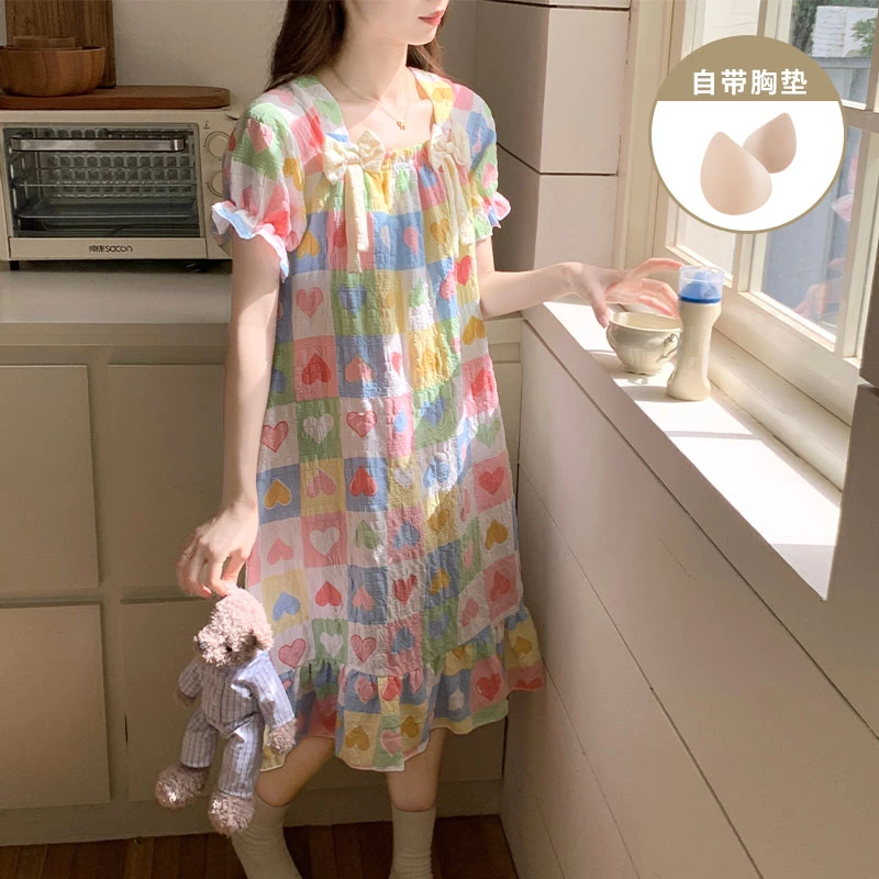 夏季爆款带胸垫短袖睡裙女士2025新款甜美风爱心宽松睡衣裙家居服