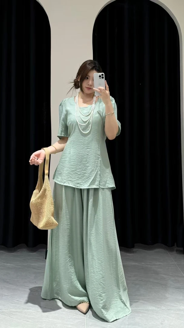 鑫花家开衩方领上衣阔腿裤套装春夏新款显瘦宽松大码女装6281