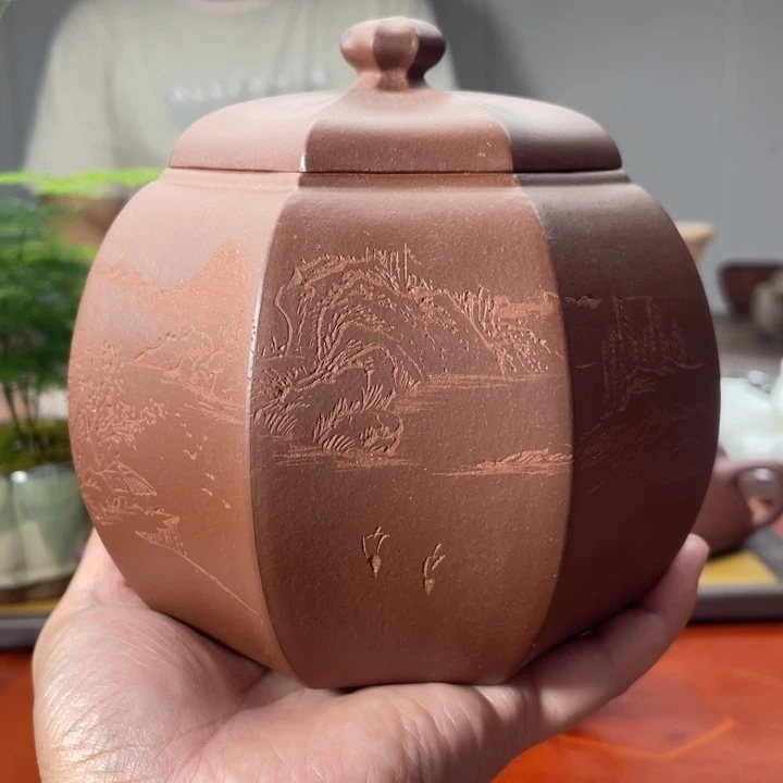 茶壶紫砂半手八方茶叶罐，清水泥