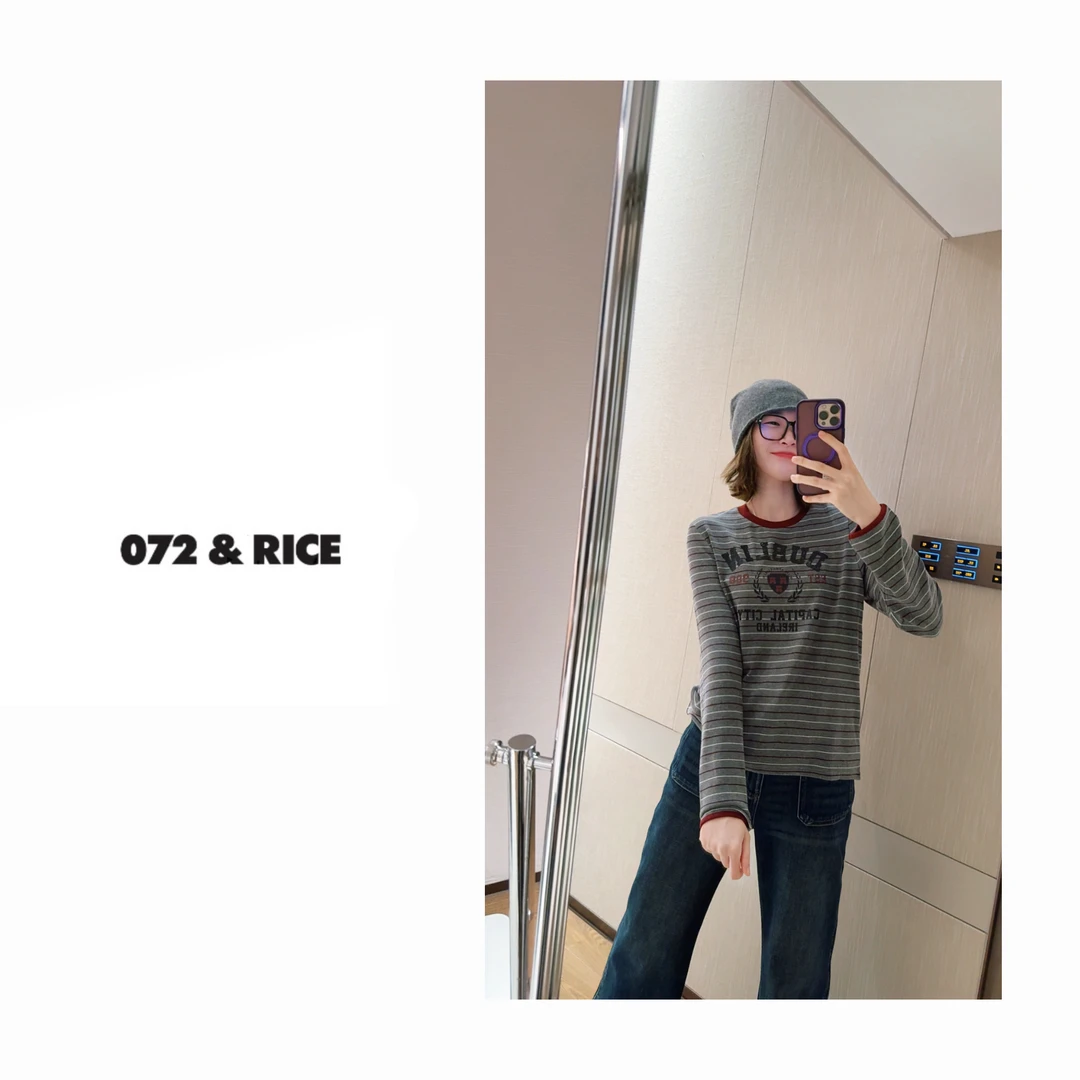 072 & RICE【双倍快乐】秋季休闲圆领条纹长袖上衣 31W202Z*