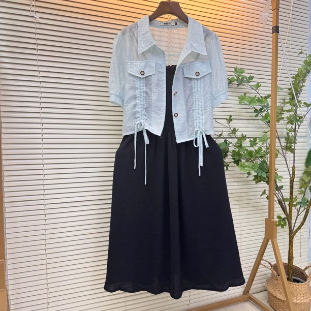 气质夏季显瘦短袖衬衫搭配吊带连衣裙减龄洋气套装休闲宽松韩版