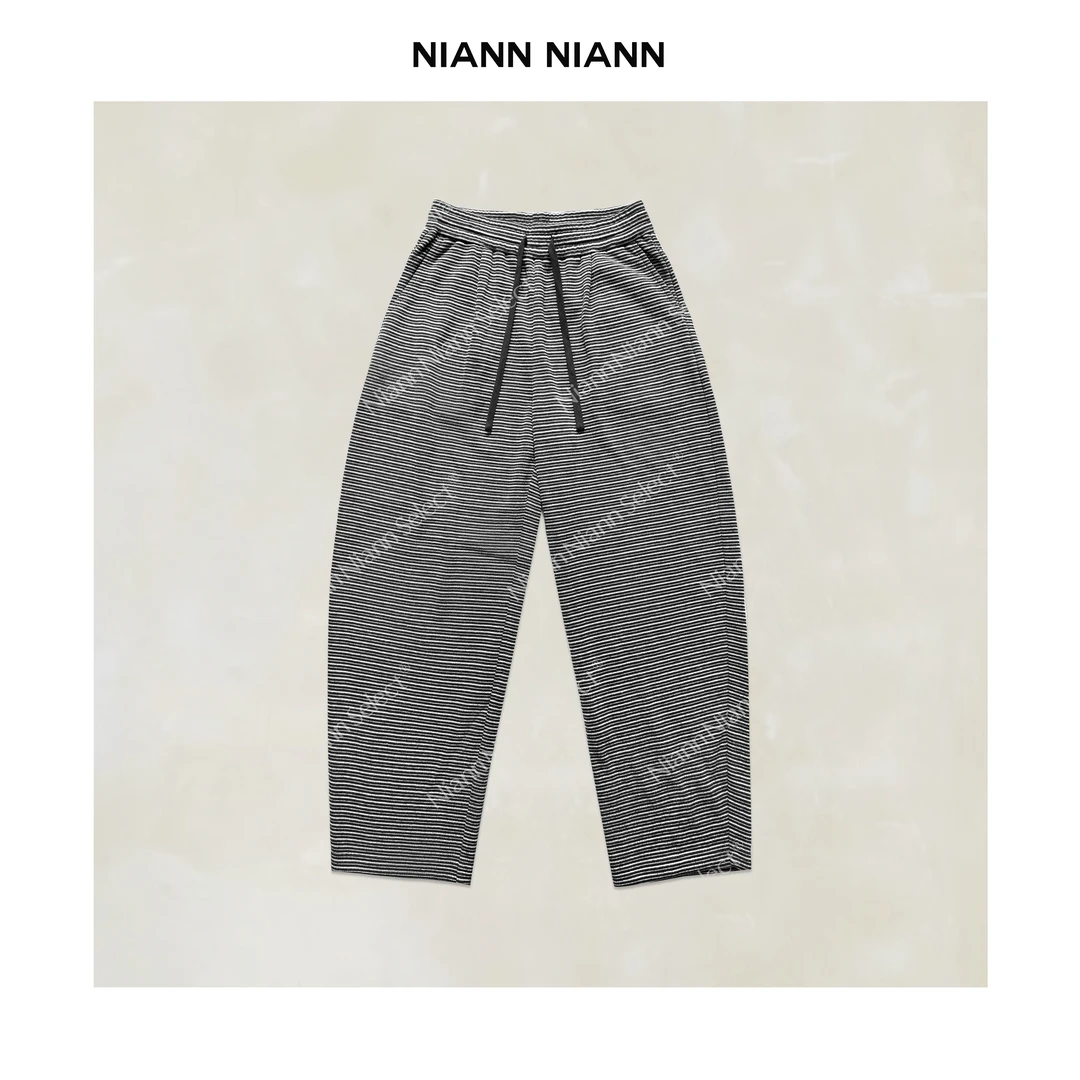 NiannNiann  新款复古通勤抽绳松弛感保暖加绒条纹裤16227