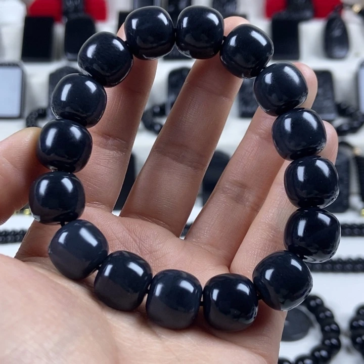 和田玉（墨玉）未镶嵌手串卡14老型灰调