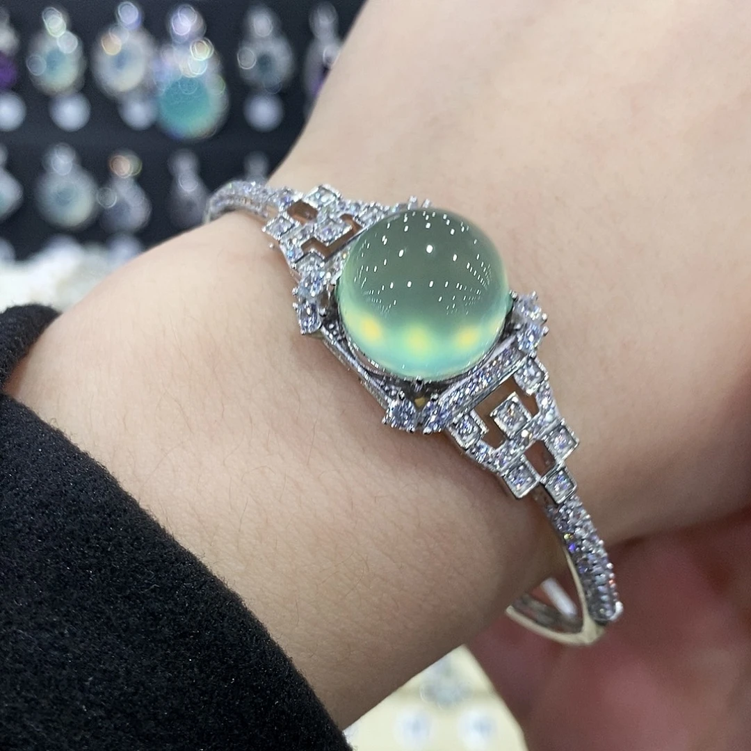 蛇纹石玉银S925镶嵌手镯