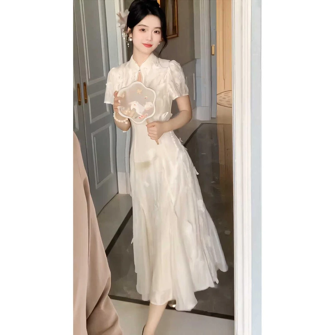 感重工刺绣改良新中式旗袍连衣裙女夏季新款绝美气质鱼尾长裙2025