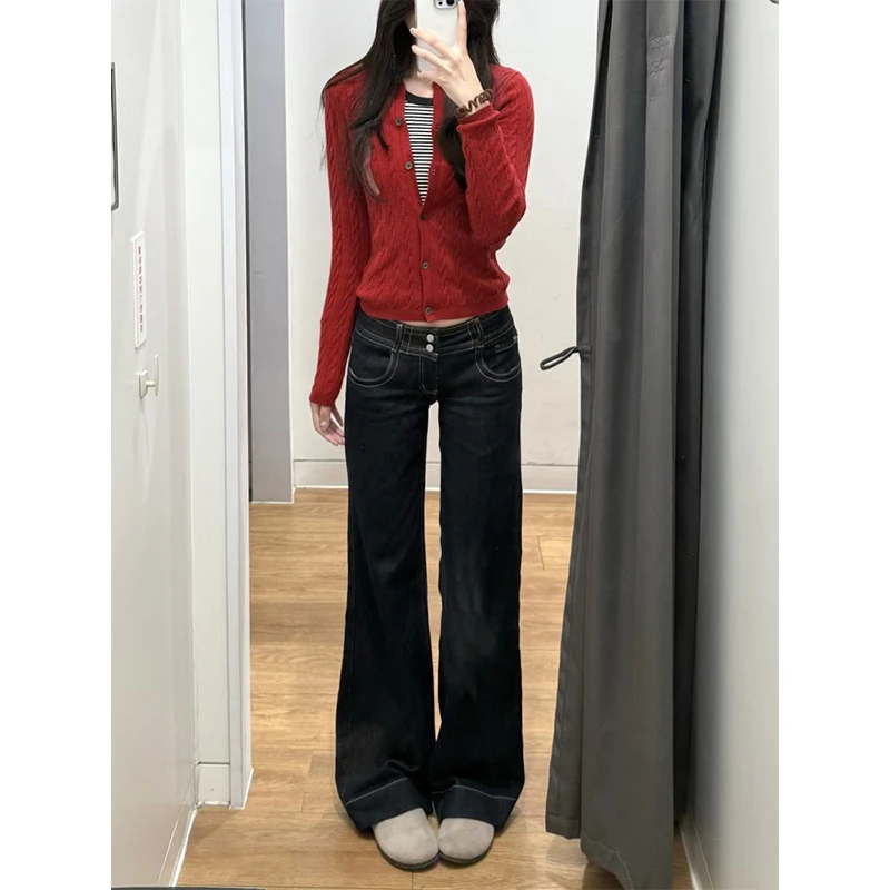 原牛窄版微喇叭牛仔裤女秋季新款复古辣妹低腰修身显瘦直筒长裤子