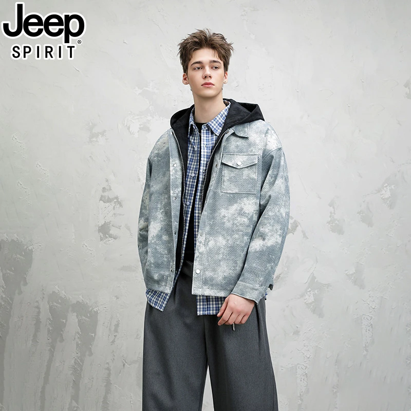 JEEP吉普2025新款秋季美式潮牌假两件连帽扎染潮流痞帅户外宽松男