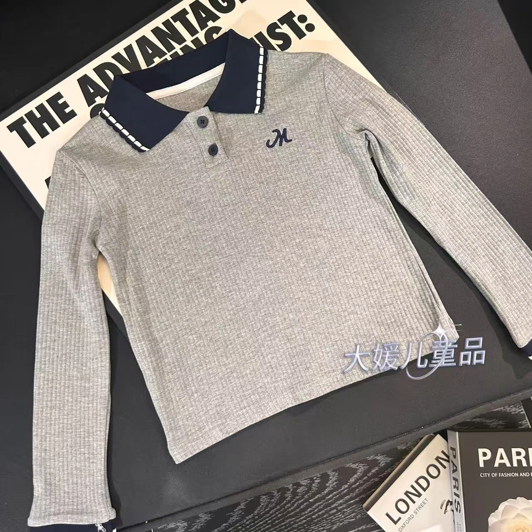 女童长袖T恤2025秋季新款儿童韩版字母刺绣POLO领上衣小女孩洋气